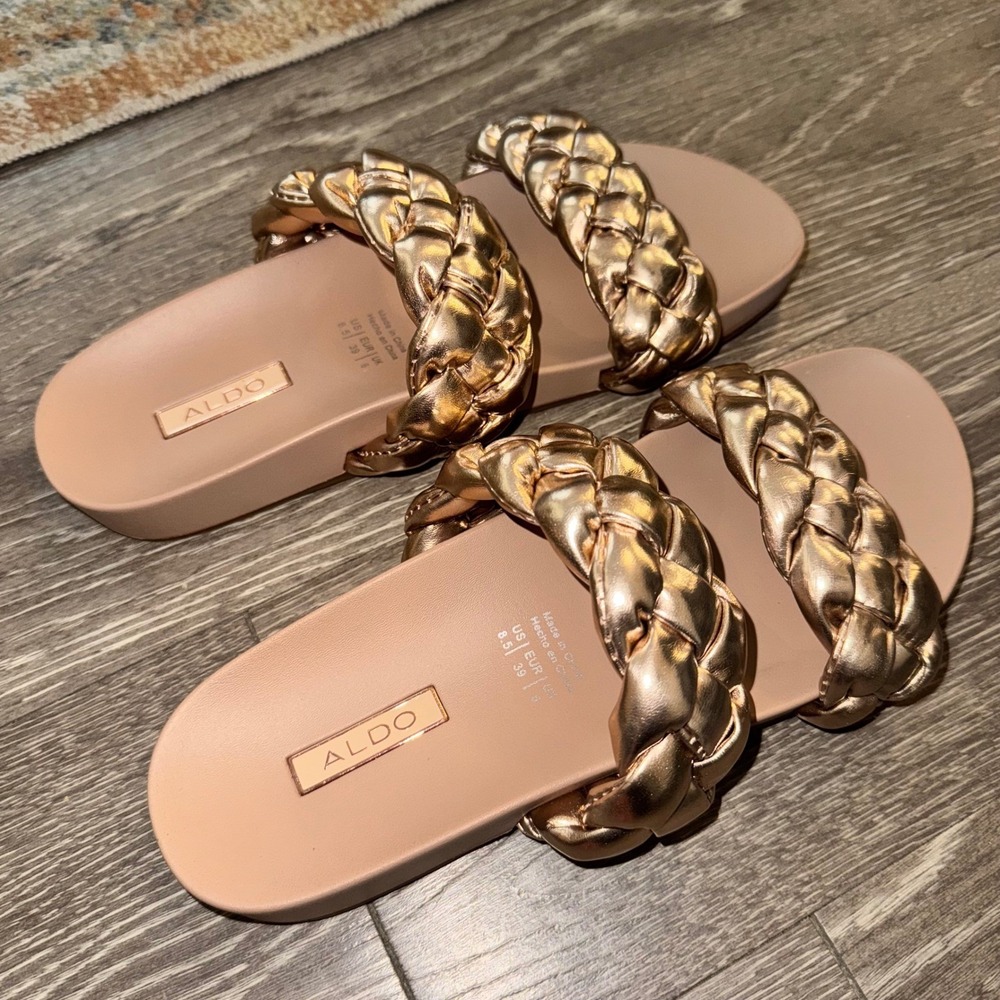 Aldo Metallic Braided‎ Double Strap Slides – Rose Gold, Size 8.5 NWOT - Picture 5 of 8
